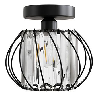Modern 7.08" 1-Light Semi Flush Ceiling Light, Black Cage with Crystal Shade for Bedroom or Bathroom