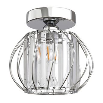 Contemporary 1-Light Semi Flush Ceiling Light,Chrome Cage with Crystal Shade for Bathroom or Bedroom