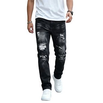Men's Vintage Ripped Straight‑Leg Jeans, Faded Destroyed Casual Denim Street‑wear Trousers
