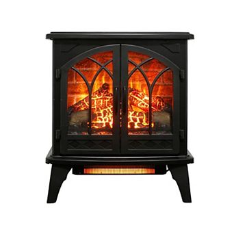 24" 3D Flame Electric Infrared Quartz Fireplace Stove w Simulated Red Brick Firebox, Remote Control