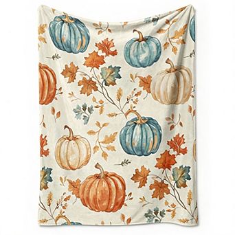 Watercolor Blue Orange Maple Pumpkin, Printed Flannel Throw Blanket Soft Blanket for Bed Couch.