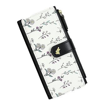 Women's PU Leather Long Bifold Wallet - Slim Floral Clutch with ID Window, Ladies Coin Purse Holder