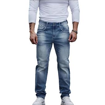 Men's Washed Slim Straight Jeans, Contrast Stitching Denim Pants for Casual Daily Wear