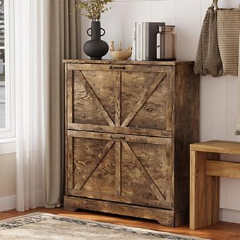 Farmhouse Shoe Storage Cabinet Drawers Freestanding Organizer Barn Door Handles Entryway Slim