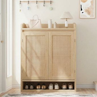 Modern Rattan Shoe Cabinet Wooden Storage Organizer Adjustable Shelves Closed Dustproof Rack