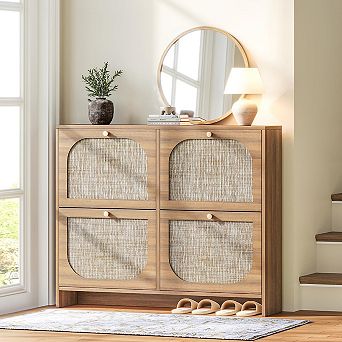 Freestanding Ultra Slim Arched Rattan Shoe Cabinet Adjustable Shelves Farmhouse Hallway Foyer