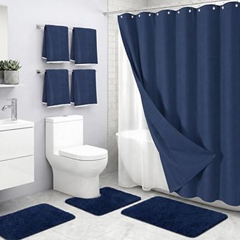 8 pc Modern Minimalist Bathroom Set With Shower Curtain Rugs Towels Hooks Liner