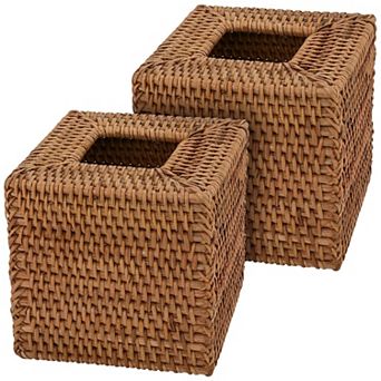 2 pc Hand Woven Rattan Tissue Box Cover Rustic Natural Home Decor