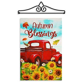 G128 12x18 in Autumn Blessings Red Truck Garden Flag with 15x4 Hanger