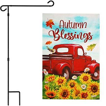 G128 12x18 in Autumn Blessings Red Truck Garden Flag with 36x16 Stand Kit