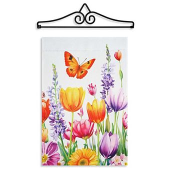 G128 12x18 in Spring Tulip Butterfly Garden Flag with 15x4 Hanger