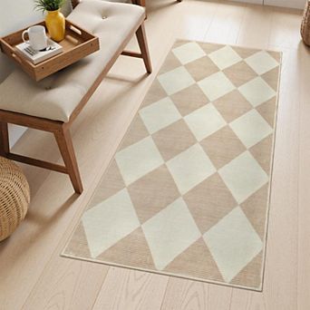 Non Slip Washable Ultra Thin Hallway Runner Rug Checkered Print Easy Clean