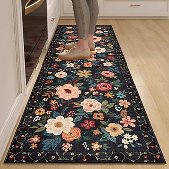 Washable Non Slip Floral Runner Rug Soft Low Pile High Traffic