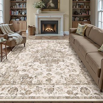 Vintage Floral Neutral Area Rug Soft Stain Resistant Machine Washable Multifunctional