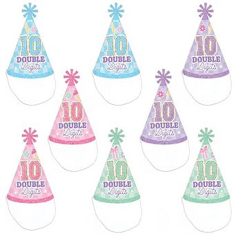 Preppy 10th Birthday Girl Cone Party Hats, Pastel Double Digits Hats with Elastic Strings - Set of 8