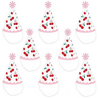 Cherry On Top Cone Party Hats, Pink Bows & Cherries Party Hats with Elastic Strings - Set of 8