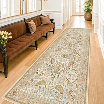 Washable Non Slip Low Pile Floral Runner Rug For High Traffic Areas