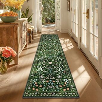 Boho Floral Runner Rug Soft Non Slip Stain Resistant Low Pile Washable