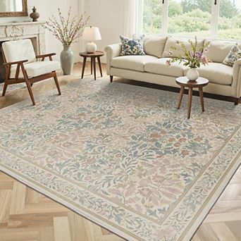 Ultra Soft Faux Wool Vintage Floral Non Slip Washable Low Pile Area Rug