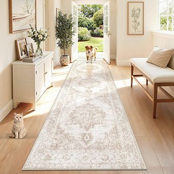 Washable Vintage Hallway Runner Rug Non Slip Low Pile Stain Resistant Soft