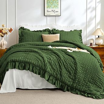 3 pc Seersucker Ruffle Bedding Set All Season Lightweight Fluffy