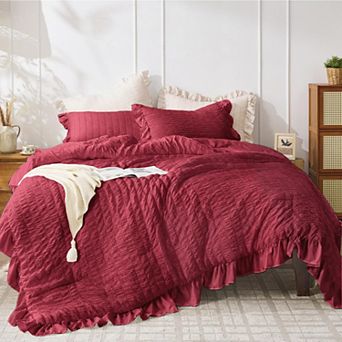 3 pc Seersucker Comforter Set Ruffle Edge All Season Lightweight Bedding