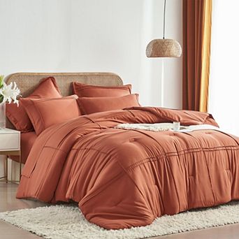7 pc Grid Pinch Pleat Striped Microfiber Bedding Set All Season Soft Comfortable
