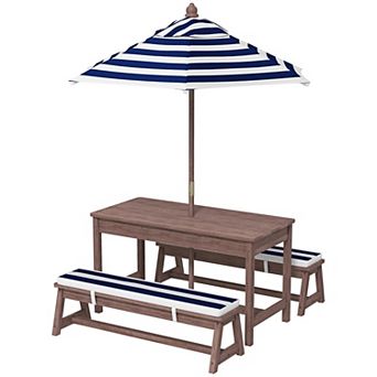 Kids Wooden Outdoor Picnic Table and Bench Set with Removable Umbrella and Padded Seat Cushions
