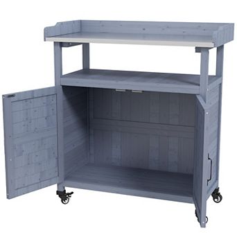 Outdoor Wooden Potting Bench with Storage Cabinet Aluminum Tabletop and Rubber Wheels