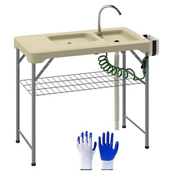 Folding Fish Cleaning Table with Dual Sinks Faucet Sprayer Drawer and Storage Shelf for Camping