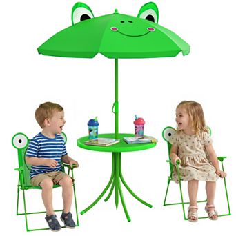 Kids Outdoor Folding Table and Chairs Set with Adjustable Sun Umbrella for Patio and Backyard
