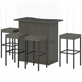 Outdoor 5 pc Wicker Bar Set with Tempered Glass Table Four Stools and Under Shelf