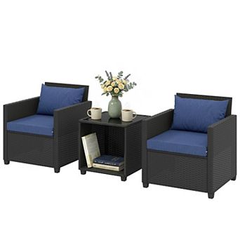 3 pc Wicker Patio Bistro Set with Thick Cushions and Glass Coffee Table for Garden Seating