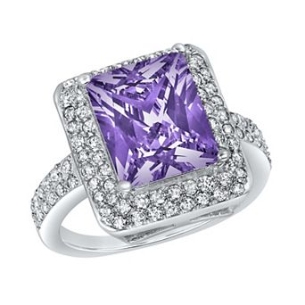 ELYA Large Radiant-Cut Cubic Zirconia Double Halo Sterling Silver Ring