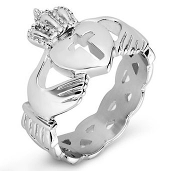 ELYA Women's Polished Claddagh Cut-out Cross Celtic Knot Eternity Stainless Steel Ring
