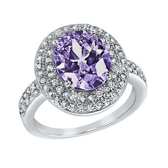 ELYA Oval-Cut Cubic Zirconia Double Halo Sterling Silver Ring