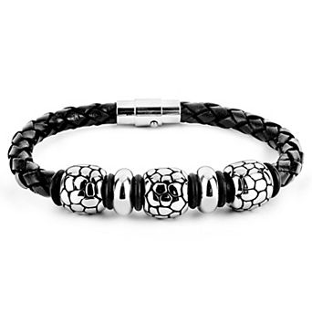 Men's Steel Beads Braided Black Leather Bracelet - 8.25"