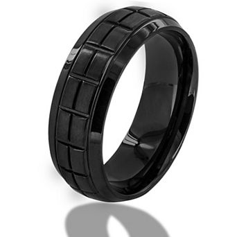 Men's Brushed Grooved Domed Black Plated Steel Ring