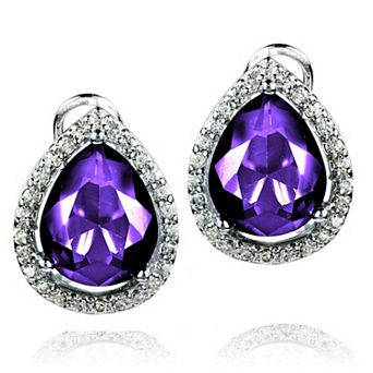 ELYA Purple Pear-Cut Cubic Zirconia Halo Sterling Silver Earrings (16mm)