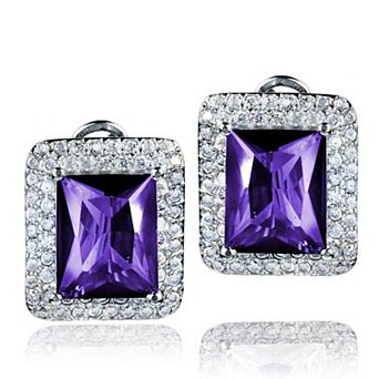 ELYA Purple Radiant-Cut Cubic Zirconia Double Halo Sterling Silver Earrings (15mm)