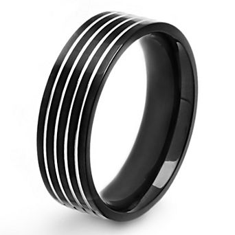 Men's Polished Grooved Striped Black Plated Steel Ring