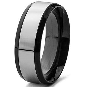 Men's Brushed and Polished Grooved Edges Two Tone Steel Ring (8mm Wide)