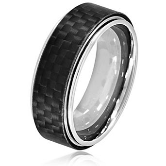 Men's Polished Carbon Fiber Overlay Comfort Fit Steel Ring