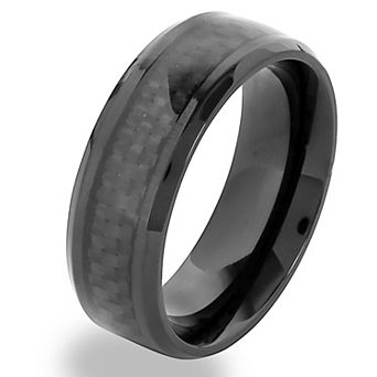 Men's Polished Black Carbon Fiber Black Plated Steel Ring