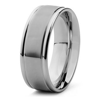 Men's Brushed and Polished Grooved Edges Steel Ring (8mm Wide)