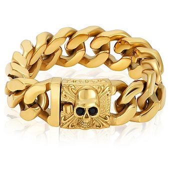 Men's Black Cubic Zirconia Eyes Skull Clasp Gold Plated Steel Curb Bracelet