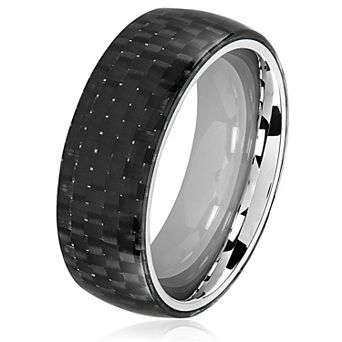 Men's Glossy Carbon Fiber Overlay Domed Stainless Steel Ring