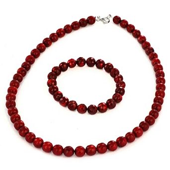 Women's Red Dyed Coral Faceted Beaded Bracelet and Necklace Set
