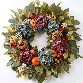26-Inch Fall Wreath for Front Door with Peonies, Hydrangeas & Pumpkins