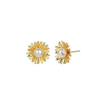 Sterling Silver 18k Gold Plated Flora Pearl Stud Earrings Statement